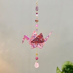 Origami Ornament #2427 - Large Crane with Resin Flower Pendant